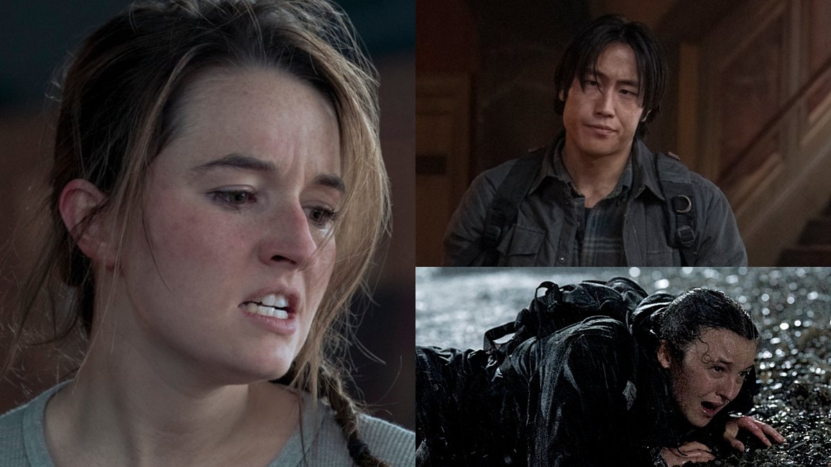 Collage: Eine wütende Abby, ein ernster Jesse, Ellie weinend am Strand. Wer stirbt im „The Last of Us“-Staffel-2-Finale? 