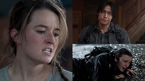 Collage: Eine wütende Abby, ein ernster Jesse, Ellie weinend am Strand. Wer stirbt im „The Last of Us“-Staffel-2-Finale?  - Foto: Liane Hentscher/HBO