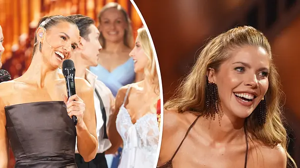 Collage: Laura Wontorra lacht am Mikro, Victoria Swarovski schaut lachend zur Seite. - Foto: RTL / Stefan Gregorowius