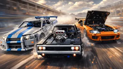Drei Legoautos, szenisch in einem Rennen dargestellt - Foto: tvmovie/chatgpt