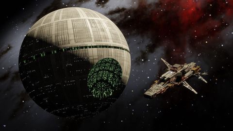 Der Todesstern aus Starwars ist in der Galaxie zu sehen, daneben fliegt ein kleines Kampf-Raumschiff. - Foto: Pixabay