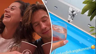 Collage: Links Joel Mattli und Malika Dzumaev aneinandergeschmiegt, rechts ein Pool mit Frauenhand. - Foto: Instagram/Malika-Dzumaev und Instagram/Linda-Schäfer