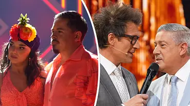 Collage: Links Gustav Schäfer und Anastasia Maruster als Wackelkandidaten in Show 8 im roten Licht, rechts Lets Dance-Juror Joachim Llambi mir Daniel Hartwich im Interview.  - Foto: RTL / Stefan Gregorowius