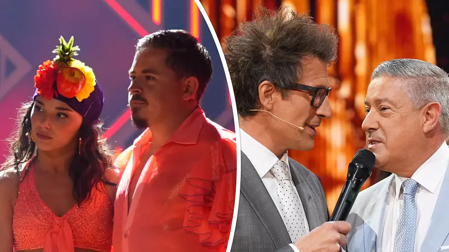 Collage: Links Gustav Schäfer und Anastasia Maruster als Wackelkandidaten in Show 8 im roten Licht, rechts Let's Dance-Juror Joachim Llambi mir Daniel Hartwich im Interview. 
