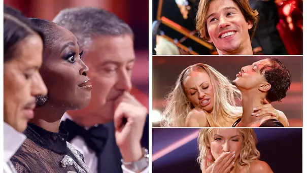Links Motsi Mabuse mit aufgerissenen Augen neben Joachim Llambi und Jorge Gonzalez, rechts die Lets Dance-Finalisten Joel Mattli, Milano und Anna-Carina Woitschack.  - Foto: Imago / Panama Pictures