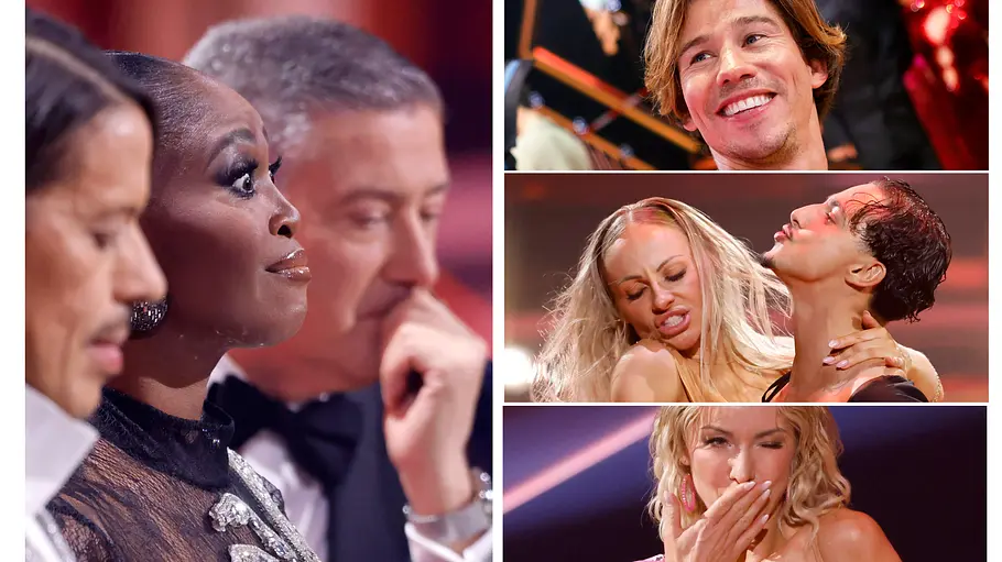 Let's Dance-Finale Punkte-Liveticker Links Motsi Mabuse mit aufgerissenen Augen neben Joachim Llambi und Jorge González, rechts die Let's Dance-Finalisten Joel Mattli, Milano und Anna-Carina Woitschack.