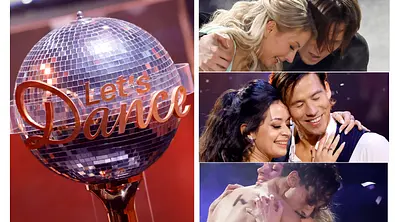 Links der Lets Dance-Pokal für den Dancing Star 2026, rechts Anna-Carina Woitschack, Joel Mattli und Milano ganz emotional mit ihren Tanzpartnern.  - Foto: Imago / Panama Pictures