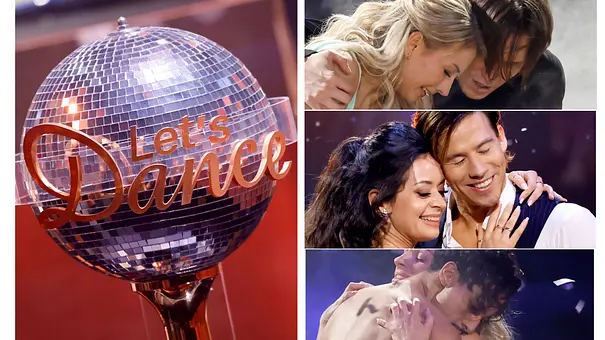Links der Lets Dance-Pokal für den Dancing Star 2026, rechts Anna-Carina Woitschack, Joel Mattli und Milano ganz emotional mit ihren Tanzpartnern.  - Foto: Imago / Panama Pictures