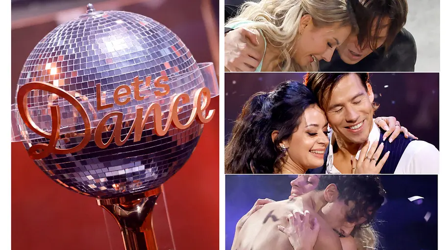 Dancing Star 2026 steht fest Links der Let's Dance-Pokal für den Dancing Star 2026, rechts Anna-Carina Woitschack, Joel Mattli und Milano ganz emotional mit ihren Tanzpartnern.