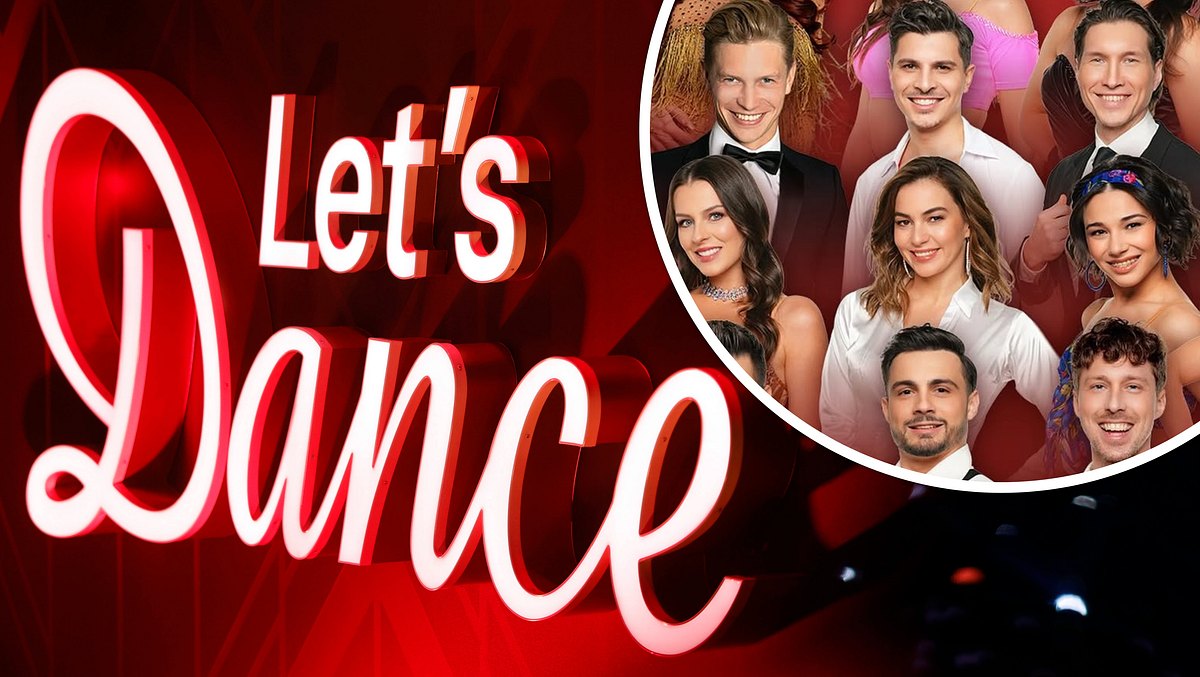 Collage: Die Gesichter der Profis der „Let’s Dance“-Livetour 2025 vor dem „Let’s Dance“-Schriftzug 
