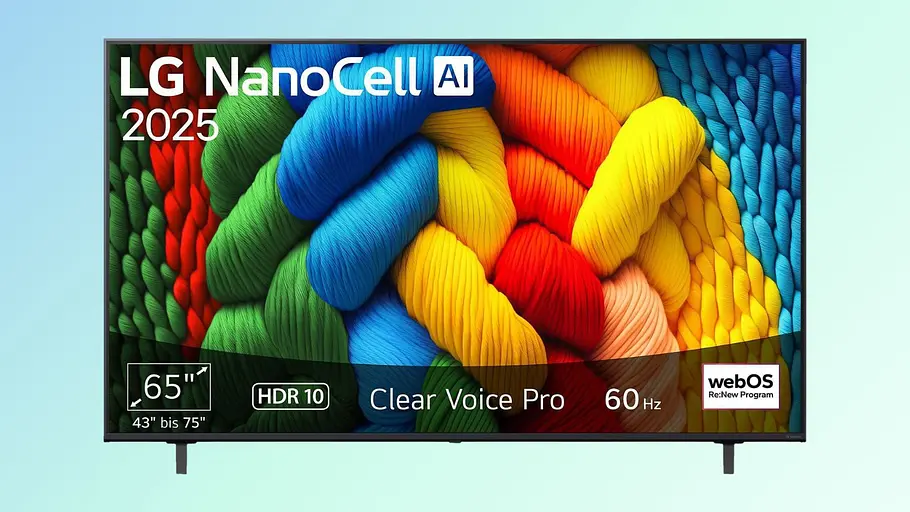 LG NanoCell TV 65NANO80A6B LG NanoCell Ein LG NanoCell-Fernseher zeigt einen farbenfrohen geflochtenen Hintergrund.