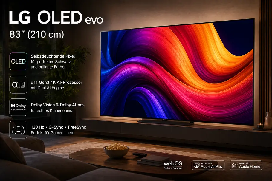 LG OLED Großformatiger LG OLED evo Fernseher mit 83 Zoll Bildschirmdiagonale auf einem Lowboard im Wohnzimmer, auf dem Display ist eine farbintensive abstrakte Grafik zu sehen. Links im Bild stehen Hinweise zu OLED, α11 Gen3 4K AI-Prozessor, Dolby Vision & Atmos sowie 120 Hz mit G-Sync und FreeSync.