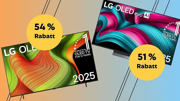 2 LG OLED Fernseher mit Rabatt-Anzeige vor buntem Hintergrund - Foto: TVM/PR