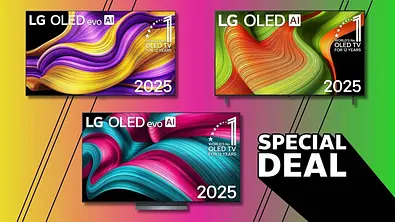 3 neue LG OLED Fernseher vor buntem Hintergrund und einem Special-Deal-Logo - Foto: TVM/PR