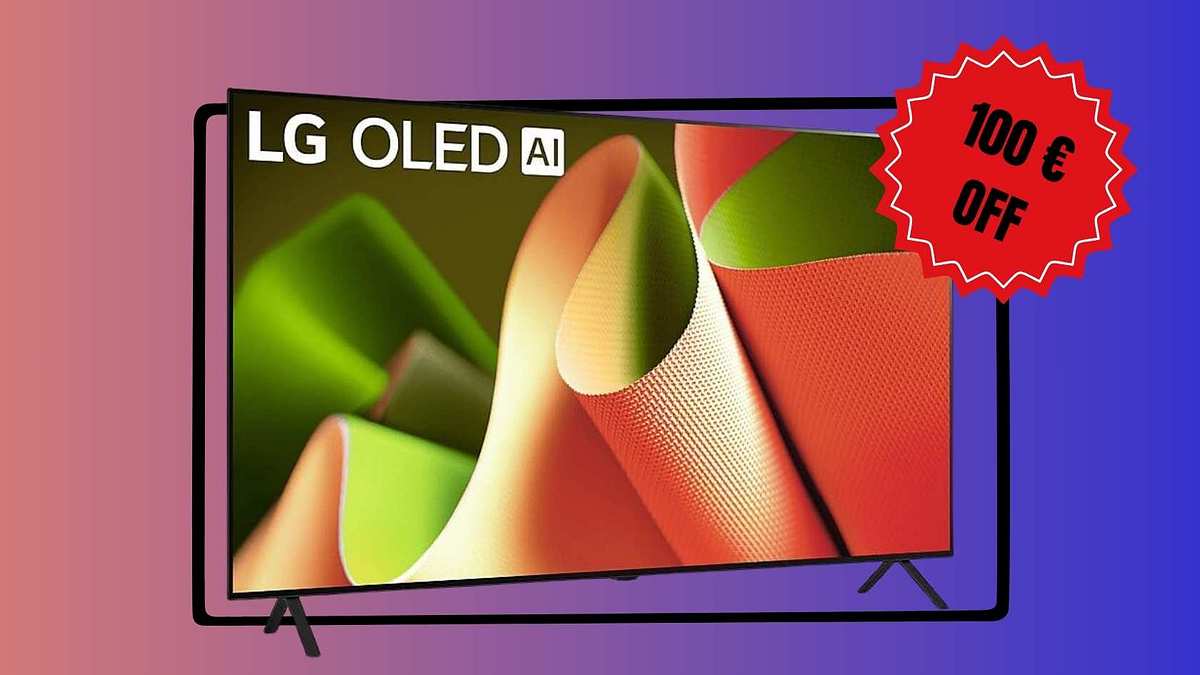 LG OLED Fernseher 48 Zoll Der LG OLED Fernseher mit 48 Zoll vor einem farbigen Hintergrund und einem 100-Euro-Rabatt Banner