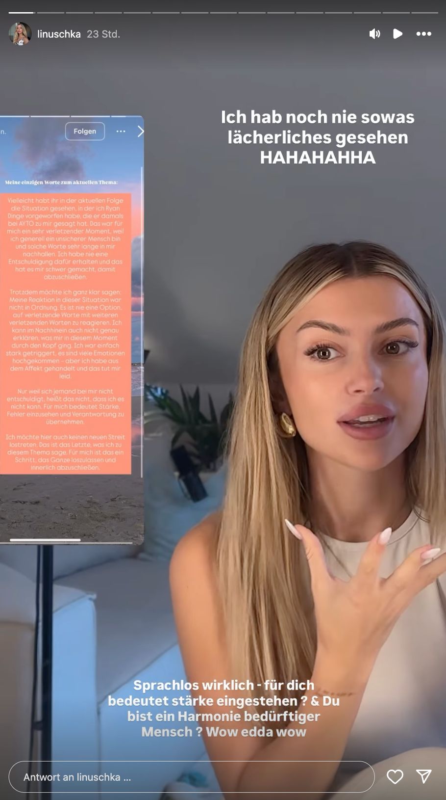 Linas Instagram Story. Sie reagiert ebenfalls auf die öffentliche Entschuldigung von Edda. 