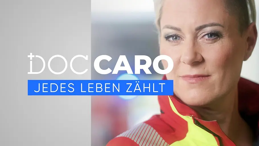 Logo zu Doc Caro – Jedes Leben zählt.jpg Auf dem Logo von Doc Caro – Jedes Leben zählt ist einmal der Titel zu sehen. Im Hintergrund ein Bild von der Notärztin. Sie hat kurze Haare und trägt Rettungskleidung.