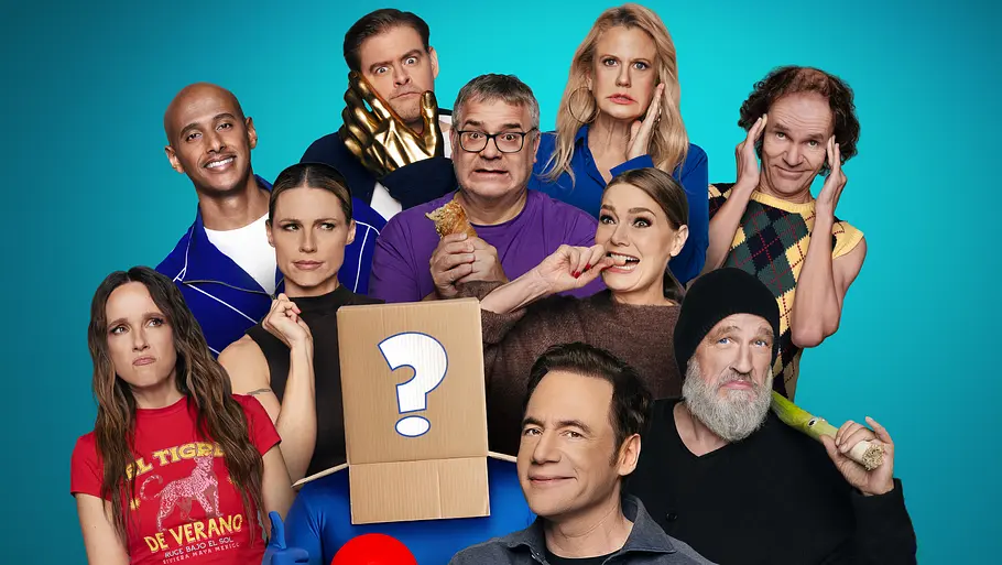 Cast LOL 7 Der Cast von der siebten Staffel LOL: Einer hält eine Schachtel mit einem Fragezeichen vor dem Gesicht. Im Hintergrund ist das bunte „LOL“-Logo mit lachendem Emoji und die Ankündigung „Neue Staffel 14. Mai“ zu sehen.
