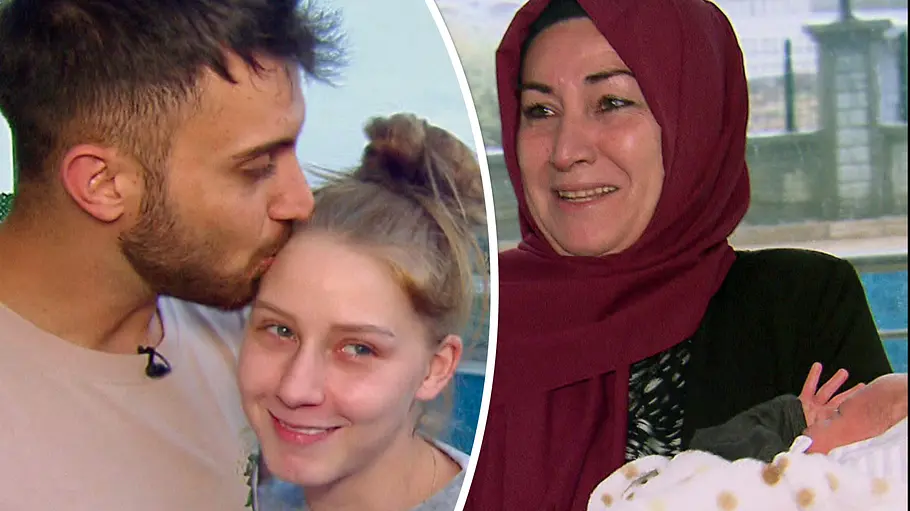 Collage: Links küsst Servet Loredana Wollny auf die Stirn, Links hält Servets Mutter ein Baby im Ar.