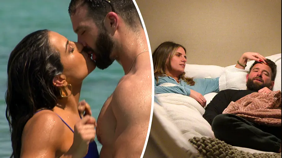 „Love Is Blind: Boston“: Wer ist noch zusammen? Eine Love is Blind: Boston-Collage zeigt links Sarah Williams und John Shannon beim Küssen im Wasser und rechts Michaella Giorgio und Rob Feeley unter Decken im Bett.