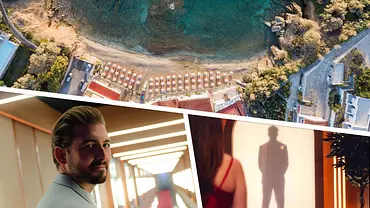 Collage: Oben sieht man eine Bucht des Love is Blind-Schauplatzes auf Kreta, unten Chris Wackert vor den Pods und ein Paar beim Reveal. - Foto: IMAGO / Pond5 Images und Netflix Collage: Oben sieht man eine Bucht des Love is Blind-Schauplatzes auf Kreta, unten Chris Wackert vor den Pods und ein Paar beim Reveal. - Foto: IMAGO / Pond5 Images und Netflix