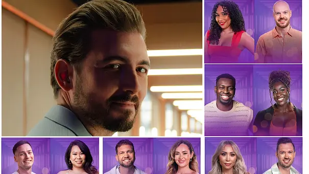 Eine Collage von Love is Blind-Moderator Chris Wackert und den 5 Paaren der 2. deutschen Staffel. - Foto: Netflix Eine Collage von Love is Blind-Moderator Chris Wackert und den 5 Paaren der 2. deutschen Staffel. - Foto: Netflix