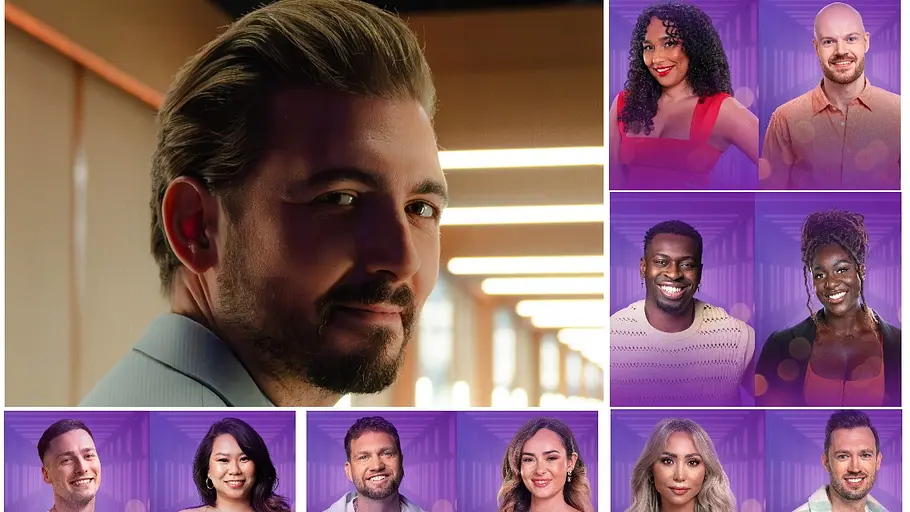 „Love is Blind: Germany“: Wer ist noch zusammen? Eine Collage von Love is Blind-Moderator Chris Wackert und den 5 Paaren der 2. deutschen Staffel.