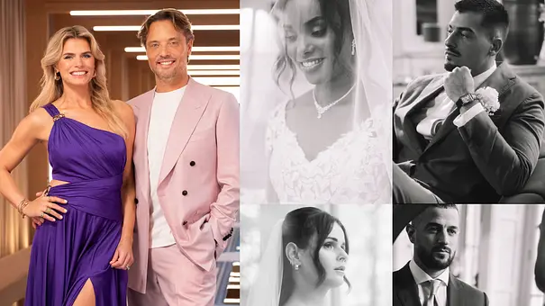 Collage: „Love is Blind: Netherlands“-Moderatoren in violettem Kleid und Anzug, daneben die Hochzeitsfotos von Yasemin & Miguel und Mika & Jurriaan. - Foto: Netflix Collage: „Love is Blind: Netherlands“-Moderatoren in violettem Kleid und Anzug, daneben die Hochzeitsfotos von Yasemin & Miguel und Mika & Jurriaan. - Foto: Netflix