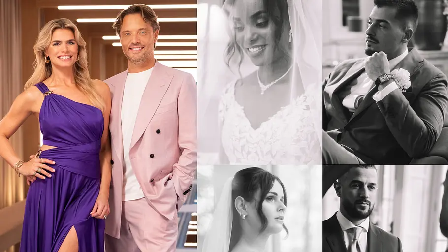 „Love is Blind: Netherlands“-Reunion: Sendezeit & Uhrzeit Collage: „Love is Blind: Netherlands“-Moderatoren in violettem Kleid und Anzug, daneben die Hochzeitsfotos von Yasemin & Miguel und Mika & Jurriaan.