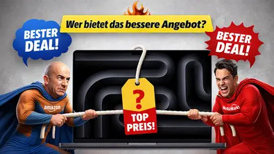 Jeff Bezos und fiktive Figur ziehen am Tau für den Bestpreis des MacBook Pro M5 - Foto: TV Movie / ChatGPT