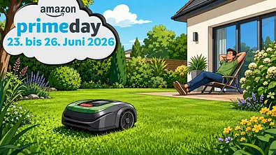 Ein Mähroboter fährt über einen grünen Rasen in einem gepflegten Garten, während eine Person entspannt auf einer Liege sitzt. Oben links steht „amazon prime day 23. bis 26. Juni 2026“. - Foto: TV Movie / mit KI generiert Ein Mähroboter fährt über einen grünen Rasen in einem gepflegten Garten, während eine Person entspannt auf einer Liege sitzt. Oben links steht „amazon prime day 23. bis 26. Juni 2026“. - Foto: TV Movie / mit KI generiert