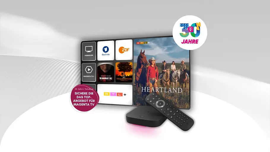 MagentaTV Deal 30 Jahre Telekom MagentaTV Oberfläche zeigt Heartland, davor die MagentaTV Streaming Box.