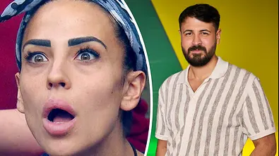 Collage: Links schaut Elena Miras entsetzt in die Kamera, rechts schaut Make Love, Fake Love-Kandidat David selbstbewusst. - Foto: RTL(+)