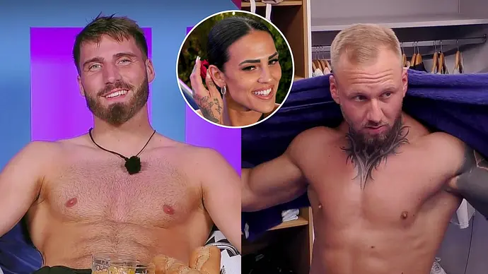 Bildcollage aus einer Dating-Show: Links ist ein oberkörperfreier Mann ab Brustbereich zu sehen, rechts ein ebenfalls oberkörperfreier Mann in einem Ankleidezimmer; oben eingeblendet ist ein rundes Porträt einer dunkelhaarigen Frau. - Foto: Collage: RTL Bildcollage aus einer Dating-Show: Links ist ein oberkörperfreier Mann ab Brustbereich zu sehen, rechts ein ebenfalls oberkörperfreier Mann in einem Ankleidezimmer; oben eingeblendet ist ein rundes Porträt einer dunkelhaarigen Frau. - Foto: Collage: RTL