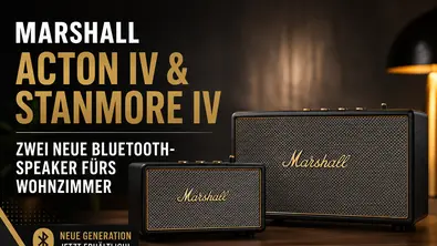 Der Marshall Acton IV und der Marshall Stanmore IV in Schwarz. Die neuen Bluetooth-Lautsprecher setzen auf verbesserten Klang, Auracast und das bekannte Marshall-Design. - Foto: TV Movie / ChatGPT Der Marshall Acton IV und der Marshall Stanmore IV in Schwarz. Die neuen Bluetooth-Lautsprecher setzen auf verbesserten Klang, Auracast und das bekannte Marshall-Design. - Foto: TV Movie / ChatGPT