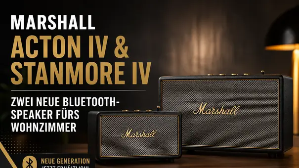 Der Marshall Acton IV und der Marshall Stanmore IV in Schwarz. Die neuen Bluetooth-Lautsprecher setzen auf verbesserten Klang, Auracast und das bekannte Marshall-Design. - Foto: TV Movie / ChatGPT Der Marshall Acton IV und der Marshall Stanmore IV in Schwarz. Die neuen Bluetooth-Lautsprecher setzen auf verbesserten Klang, Auracast und das bekannte Marshall-Design. - Foto: TV Movie / ChatGPT