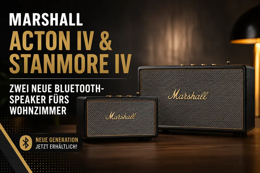 marshall-lautsprecher-release-amazon-tvmovie Der Marshall Acton IV und der Marshall Stanmore IV in Schwarz. Die neuen Bluetooth-Lautsprecher setzen auf verbesserten Klang, Auracast und das bekannte Marshall-Design.