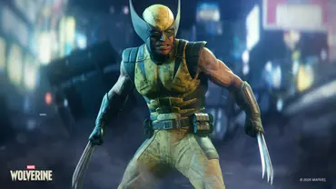 Logan aka Wolverine steht im gelben Outfit mit ausgestreckten Klauen vor einem dunklen Hintergrund - Foto: Marvel / Insomniac Games Logan aka Wolverine steht im gelben Outfit mit ausgestreckten Klauen vor einem dunklen Hintergrund - Foto: Marvel / Insomniac Games