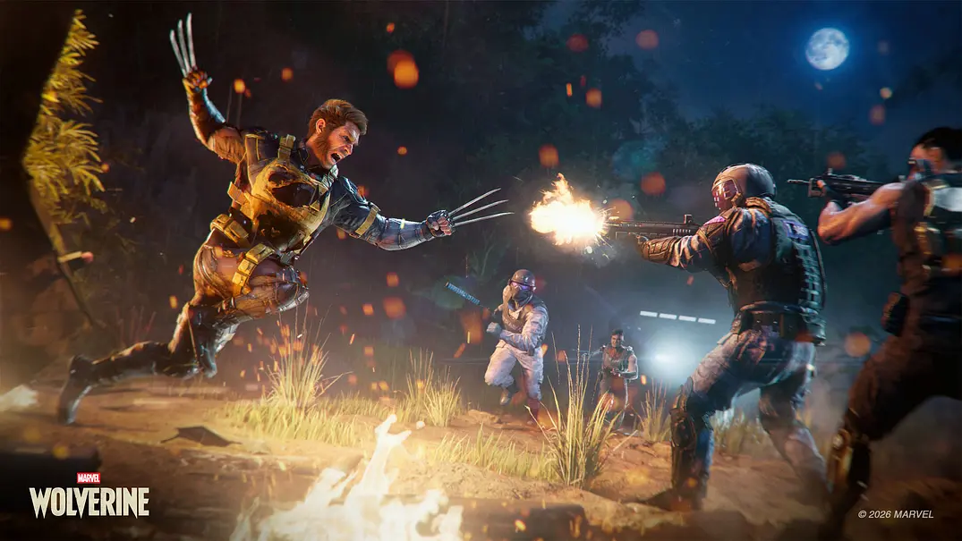 Wolverine springt mit seinen Klauen auf Soldaten, die auf ihn schießen in Marvels Wolverine - Foto: Marvel / Insomniac Games