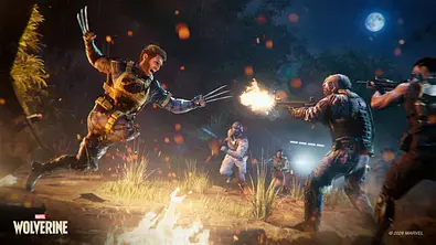 Wolverine springt mit seinen Klauen auf Soldaten, die auf ihn schießen in Marvels Wolverine - Foto: Marvel / Insomniac Games