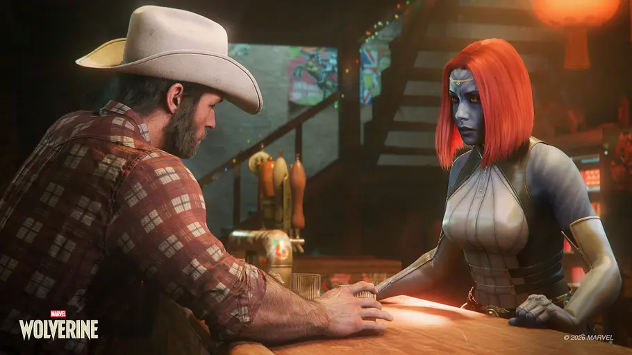 Logan Mystique in Marvel's Wolverine Logan und Mystique stehen sich an einer Bar gegenüber in Marvel's Wolverine