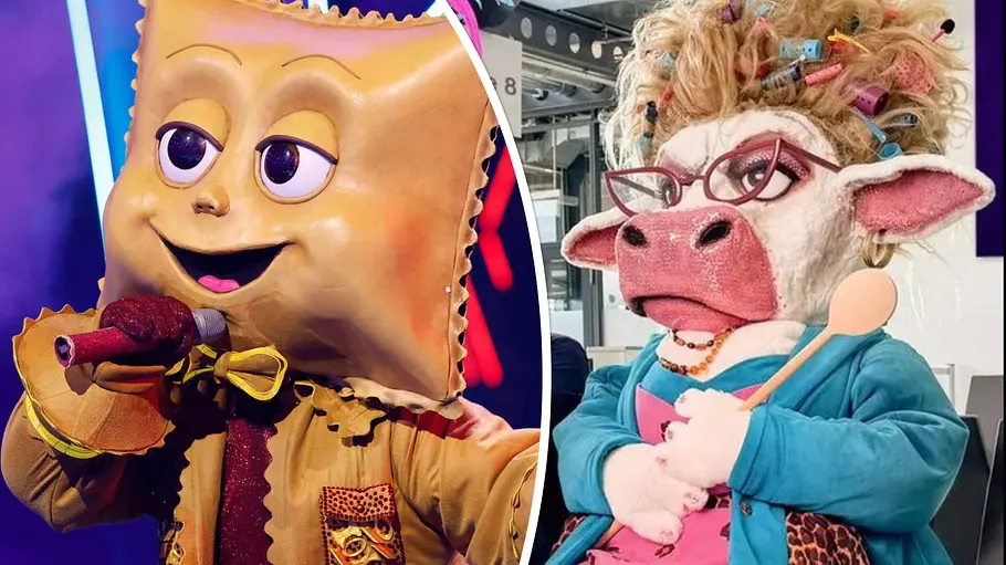 Sieg im „The Masked Singer“-Finale: Muuhnika oder Ravioli? Collage: Rave-ioli hält sich ein Mikrofon ans Kinn, Muuhnika sitzt auf einer Bank und umklammert einen Kochlöffel