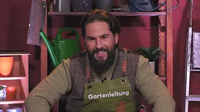 Maurice Dziwak lächelt mit Bart und grüner Schürze mit der Aufschrift „Gartenleitung“. Hinter ihm stehen Gießkannen im Regal. - Foto: Joyn Maurice Dziwak lächelt mit Bart und grüner Schürze mit der Aufschrift „Gartenleitung“. Hinter ihm stehen Gießkannen im Regal. - Foto: Joyn