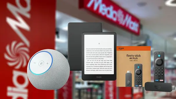 Echo Dot Max, Kindle Paperwhite und Fire TV Stick 4K Plus mit Fernbedienung sind vor einem unscharfen MediaMarkt zu sehen. - Foto: Collage: IMAGO / BREUEL-BILD / Amazon / MediaMarkt Echo Dot Max, Kindle Paperwhite und Fire TV Stick 4K Plus mit Fernbedienung sind vor einem unscharfen MediaMarkt zu sehen. - Foto: Collage: IMAGO / BREUEL-BILD / Amazon / MediaMarkt