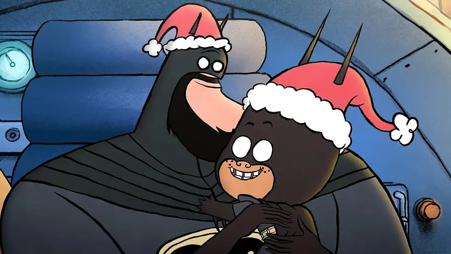 zeichentrick batmann mit kind und weihnachtsmütze