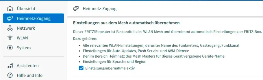 Mesh Einstellungsübernahme aktiv Mesh Einstellungsübernahme-Haken aktiv