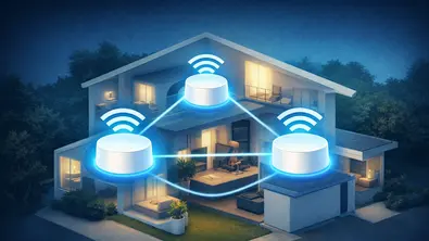 Illustration eines modernen Wohnhauses mit mehreren vernetzten WLAN-Knoten, die ein gleichmäßiges und stabiles Funknetz im gesamten Gebäude aufbauen - Foto: Chat/GPT