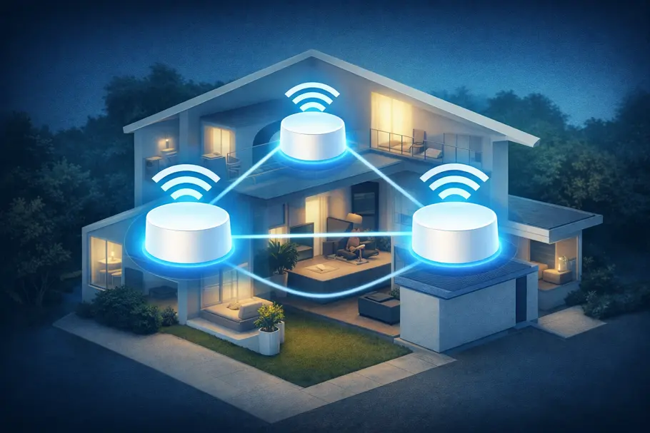 Mesh Illustration eines modernen Wohnhauses mit mehreren vernetzten WLAN-Knoten, die ein gleichmäßiges und stabiles Funknetz im gesamten Gebäude aufbauen