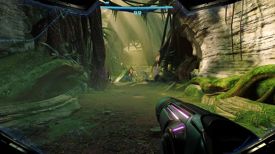 Metroid Prime 4 Samus Aran auf dem ersten Planeten in Metroid Prime 4 Beyond, der sehr grün und dschungelig ist