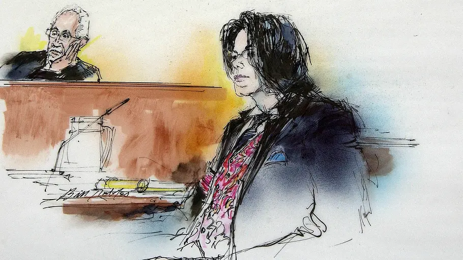 Man sieht eine Gerichtszeichnung von Michael Jackson anlässlich seiner Gerichtsverhandlung im Jahr 2005.